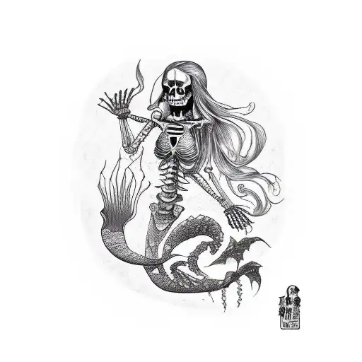 dead body skeleton of a Mermaid  tattoo design idea