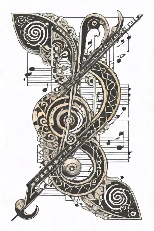 Musical notes intertwining with geometric shapes inspired by Fibonacci sequence tattoo design idea