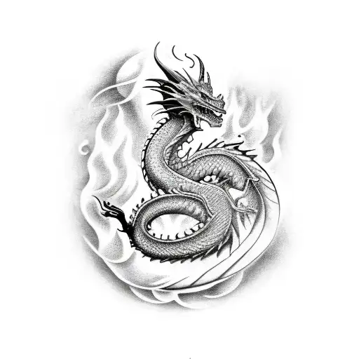 Dragon wrapped around arm with fire around it tattoo design idea
