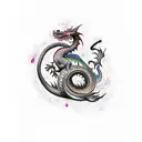 colourful Dragon wrapped around arm with fire around it tattoo design idea