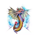 colourful Dragon wrapped around arm with fire around it tattoo design idea