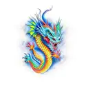 colourful Dragon wrapped around arm with fire around it tattoo design idea