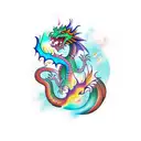 colourful Dragon wrapped around arm with fire around it tattoo design idea