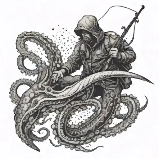 An intricate design of a spearfisher hunting a giant octopus in the depths of the ocean, capturing the intensity and thrill of spearfishing tattoo design idea