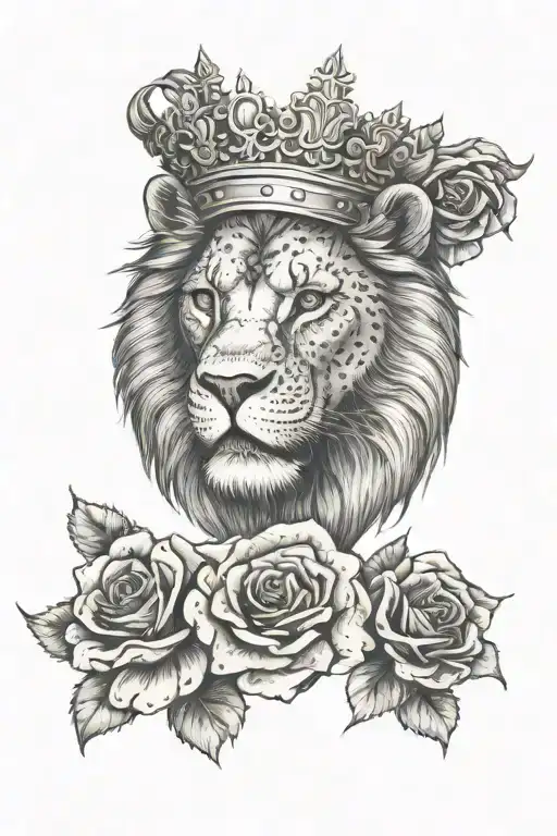 lion with crown rose skull tattoo design idea