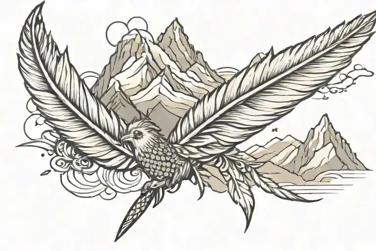 feather turning into birds with mountains  tattoo design idea