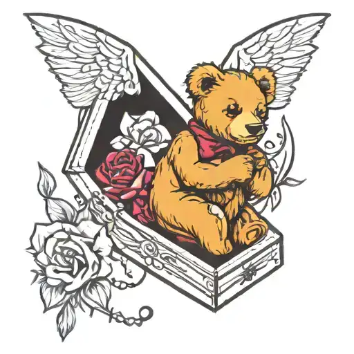 teddy  bear in a coffin  tattoo design idea