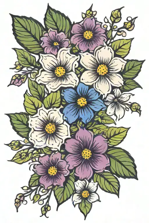 holly flowers, violets and cosmos flower bouquet fine line tattoo design idea