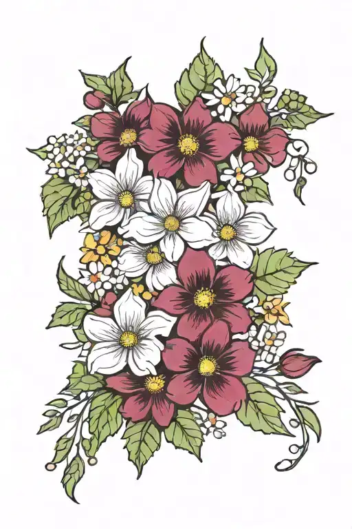 holly flowers, violets and cosmos flower bouquet tattoo design idea