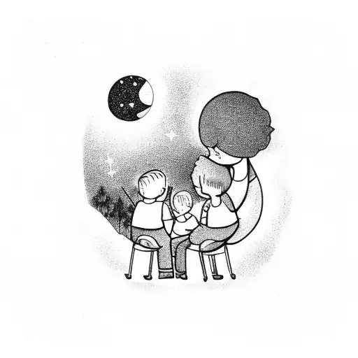A mother and two sons reading together under a starry sky tattoo design idea