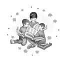 A mother and two sons reading together under a starry sky tattoo design idea
