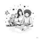 A mother and two sons reading together under a starry sky tattoo design idea