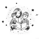 A mother and two sons reading together under a starry sky tattoo design idea