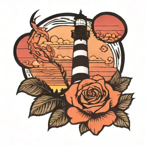 Draw a tattoo of the cape hatteras lighthouse in front of a sunset encased in a rose tattoo design idea