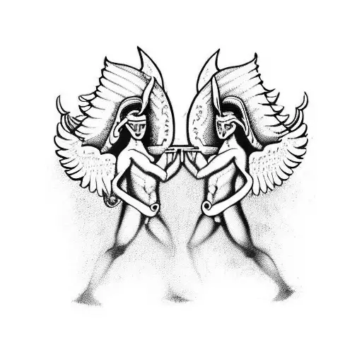 Create a visual representation of an angel and a devil, both depicted as men holding tridents, in a tribal style. Your d tattoo design idea