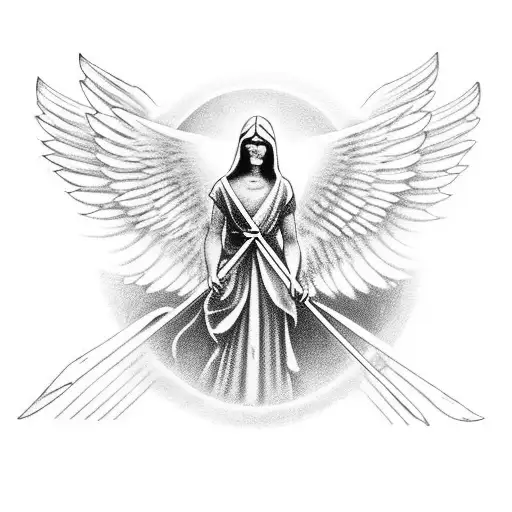 Create a visual representation of an angel and a demon holding tridents. The angel should be depicted with a serene and  tattoo design idea
