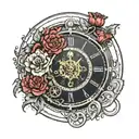 new moon phase steampunk clock surrounded by red carnations tattoo design idea