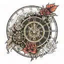new moon phase steampunk clock surrounded by red carnations tattoo design idea
