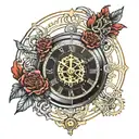 new moon phase steampunk clock surrounded by red carnations tattoo design idea