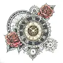 new moon phase steampunk clock surrounded by red carnations tattoo design idea