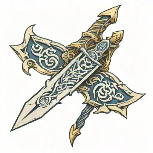 monster hunter charge blade with scroll work that says "git gud" tattoo design idea