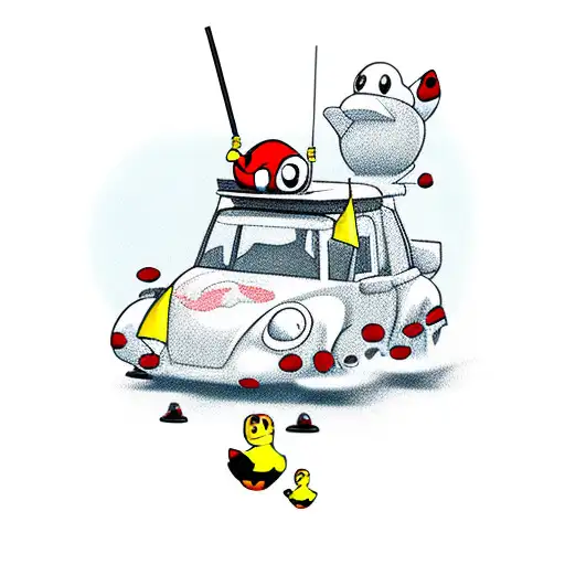 cartoon tank with rubber duck and ladybug driving tattoo design idea