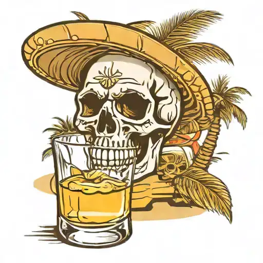 shot glass with gold tequila and a skull inside it. beach background like it's sitting on a bar top with a palm tree tattoo design idea