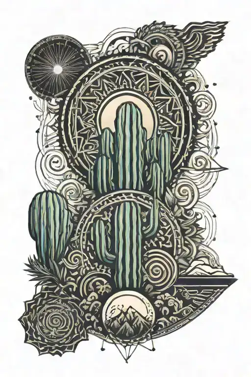 Aztec Mayan Cactus Growing Toward CeDDyX66LHqhcp6Xb2avDk Geometric Tattoo -  BlackInk AI