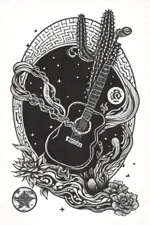 trippy flowing cactus in shape of a guitar stars and eclipse sky sacred geometry background burning man logo in center  tattoo design idea