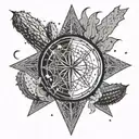 trippy flowing cactus eclipse and stars  in sky sacred geometry background and burning man logo in center  tattoo design idea