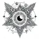 trippy flowing cactus eclipse and stars  in sky sacred geometry background and burning man logo in center  tattoo design idea