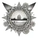 trippy flowing cactus eclipse and stars  in sky sacred geometry background and burning man logo in center  tattoo design idea