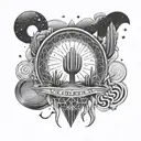 trippy flowing cactus eclipse and stars  in sky sacred geometry background and burning man logo in center  tattoo design idea