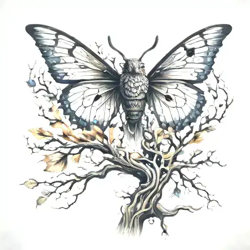 tree growing, butterfly, phoenix rising from ashes tattoo design idea