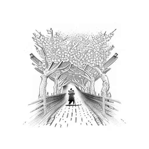 Samurai walking down brick path with cherry blossoms tattoo design idea