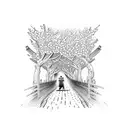 Samurai walking down brick path with cherry blossoms tattoo design idea