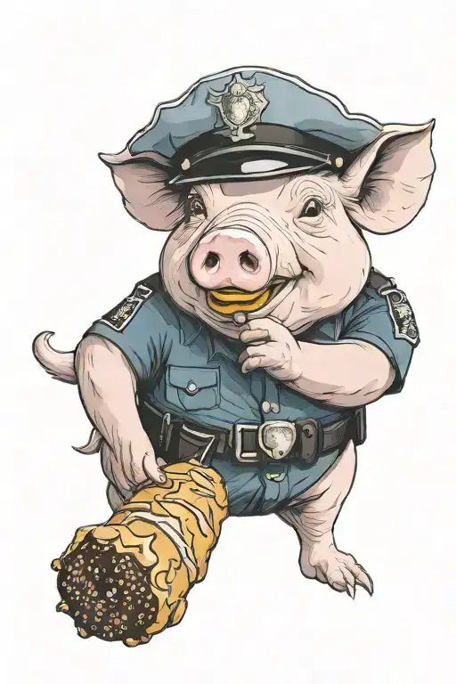 Pig wearing a police uniform eating a donut tattoo design idea