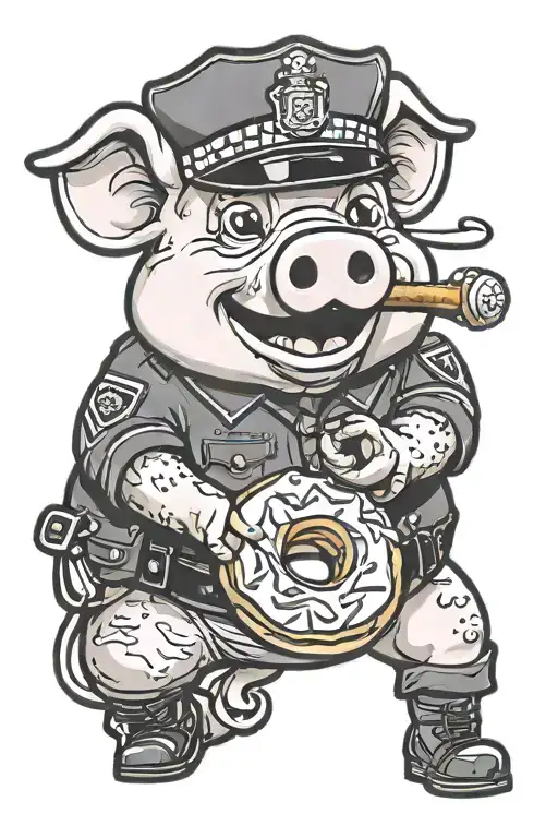 Cartoon Pig wearing a police uniform eating a donut tattoo design idea