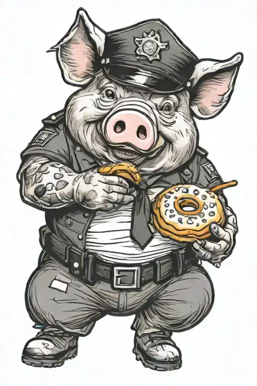 Pig wearing a police uniform eating a donut tattoo design idea