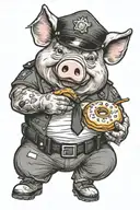Pig wearing a police uniform eating a donut tattoo design idea