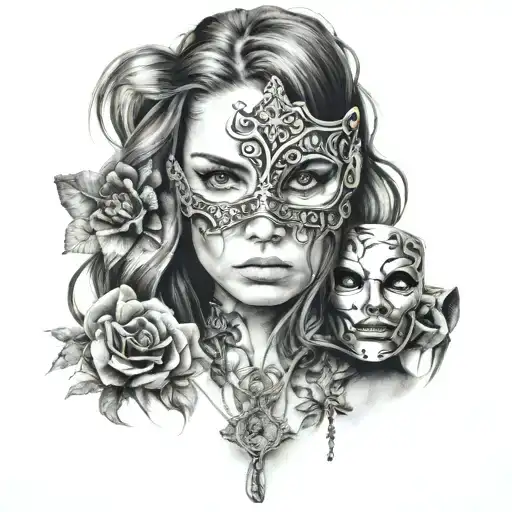 girl holding mask tattoo design idea