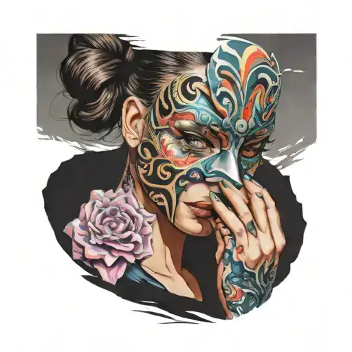 girl holding mask infront of face tattoo design idea