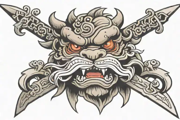 fu dog head with sword in mouth tattoo design idea
