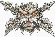 fu dog head with sword in mouth tattoo design idea