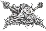 fu dog head with sword in mouth tattoo design idea