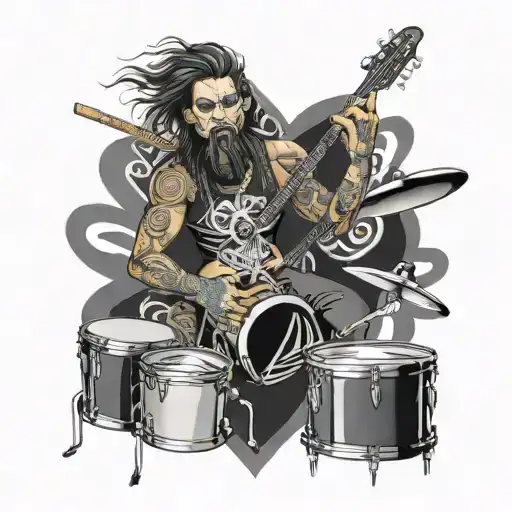 Design a tattoo featuring a Rocker playing drums surrounded by Maori patterns and metal symbols , weed , black drums  tattoo design idea