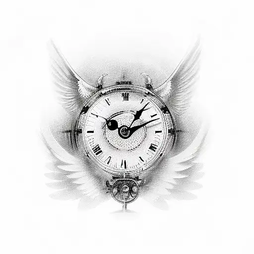 Clock with wings with the dials set to 10:45pm with a "B" in the middle of the clock face in the Breitling logo font tattoo design idea