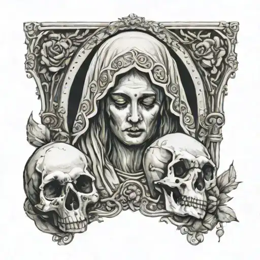 the Virgin Mary holding a panda skull with the letters B U D D inside tattoo design idea
