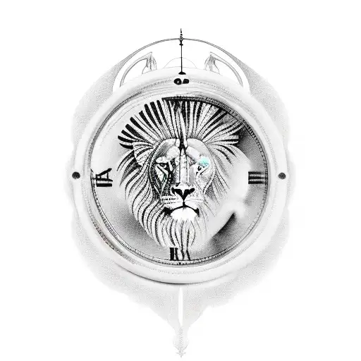 greek god with a clock, a lion, and a harpy eagle tattoo design idea