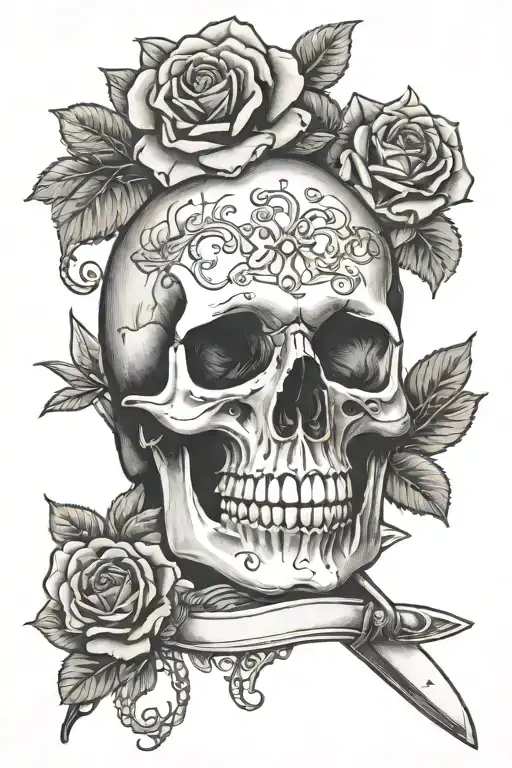 Memento mori and memento vivere with a skull, sword and a rose tattoo design idea